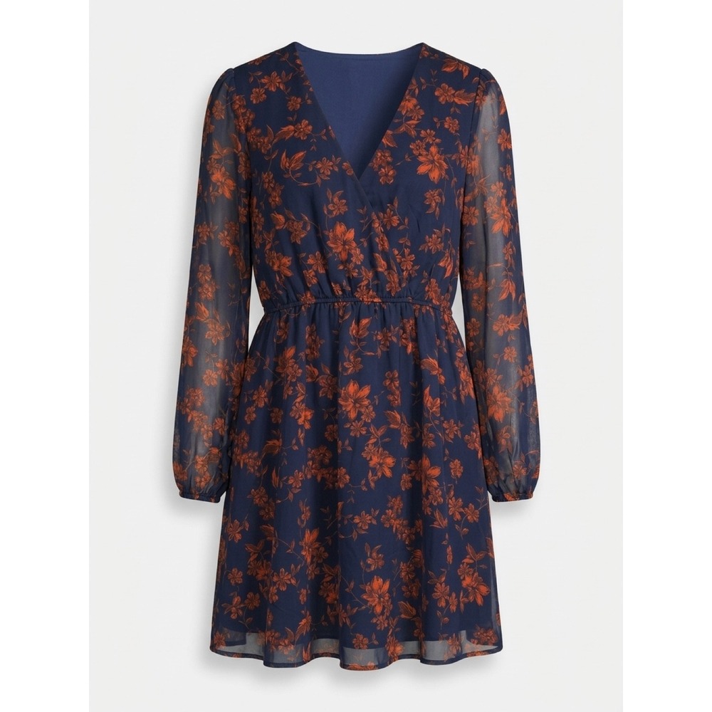 NWT Cupshe Navy Blue Orange Floral V-Neck Long Sleeve Mini Dress XL